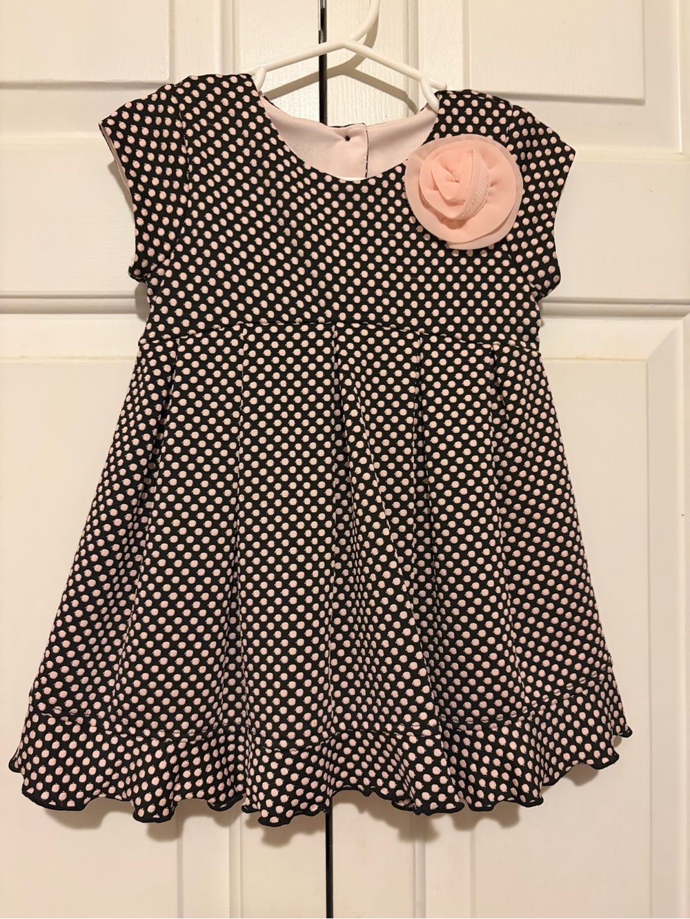 marmellata Black Dress with Light Pink Polka Dots and Pink Rosette